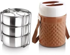 Jayco Prisma 3 Hot Lunch Pack Brown with 3 stainless Steel Containers inside 3 Containers Lunch Box  (950 ml)